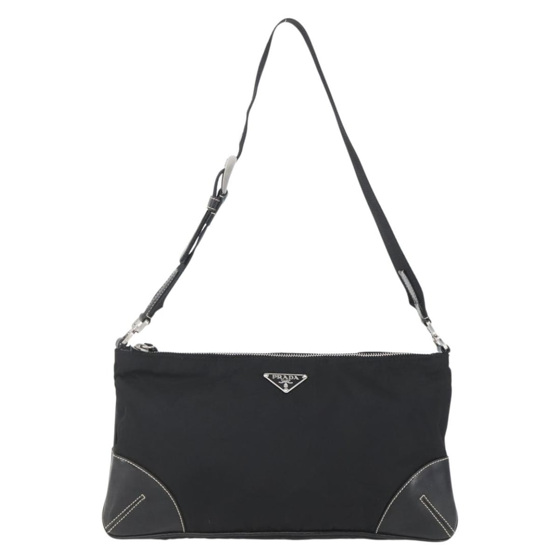 Prada Nylon and Leather Shoulder Bag with Belt Detail Black: Prada Nylon and Leather Shoulder Bag with Belt Detail Black This Prada belted shoulder bag for women features a black nylon exterior with leather accents. Designed in Italy, it offers a compact shape