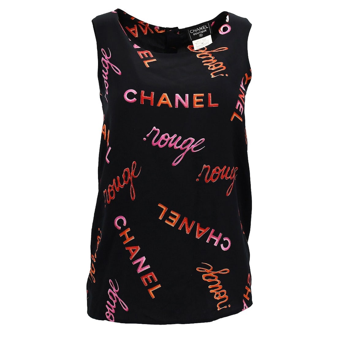 Chanel Vintage Silk Sleeveless Tank Top Black Red 90s: Chanel Vintage Silk Sleeveless Tank Top Black Red 90s Elevate your casual wardrobe with this stunning vintage Chanel sleeveless tank top. Crafted from luxurious 100% silk, this piece features a classi