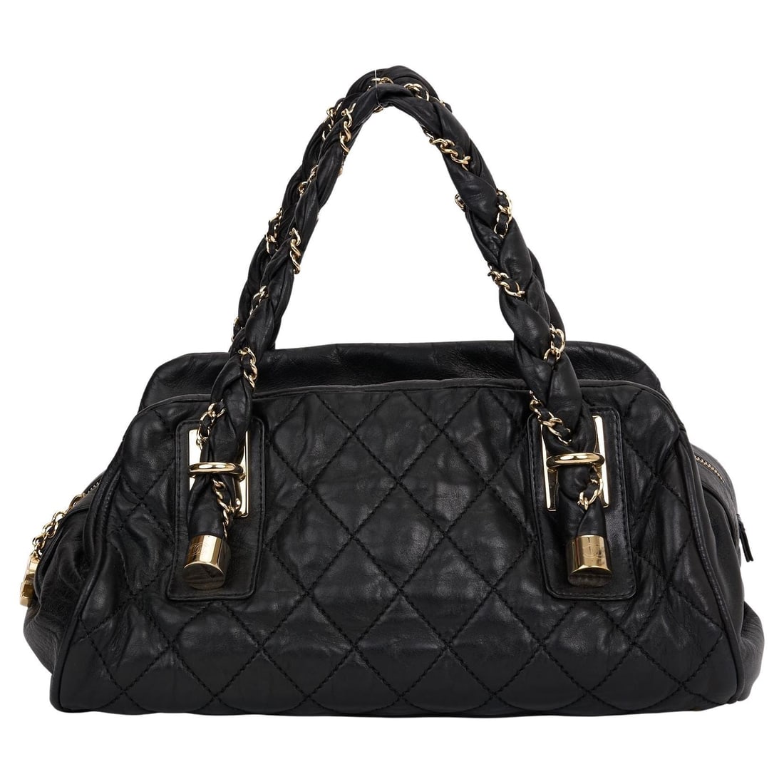Chanel Lady Braid Bowler Black Quilted Leather Satchel with Gold Hardware: Chanel Lady Braid Bowler Black Quilted Leather Satchel with Gold Hardware This Chanel Lady Braid Bowler Bag is crafted from black quilted distressed lambskin and features intertwined leather and gold