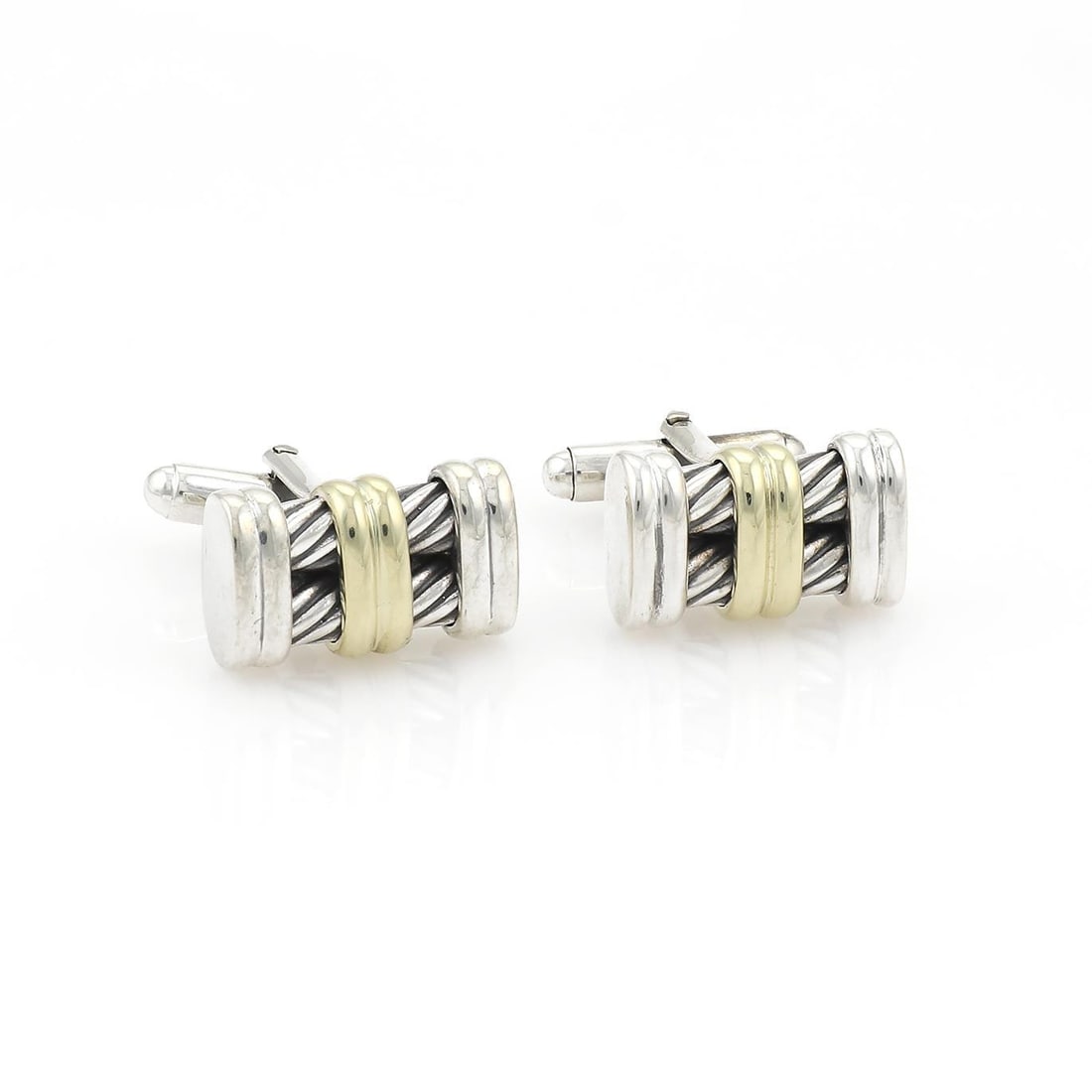 David Yurman Sterling Silver 14k Yellow Gold Cable Cufflinks: David Yurman Sterling Silver 14k Yellow Gold Cable Cufflinks Elevate your style with this exquisite pair of cufflinks by David Yurman, featuring a sophisticated design crafted from sterling silver and