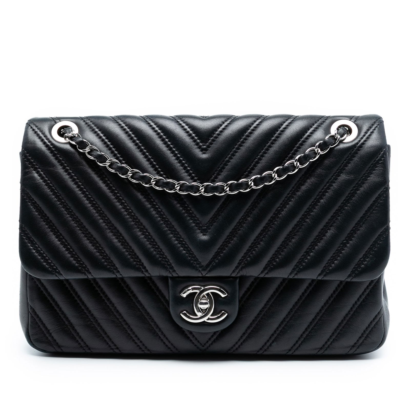 Chanel Jumbo Chevron Lambskin Single Flap Shoulder Bag Black Quilted Leather (1 of 8)