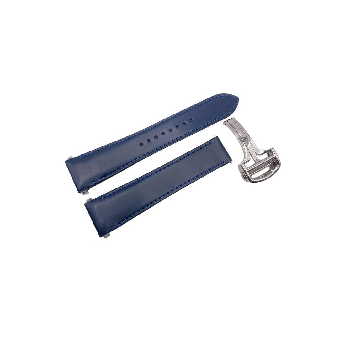 Cartier Santos Blue Calfskin Strap 21mm x 18mm for WSSA0030: Cartier Santos Blue Calfskin Strap 21mm x 18mm for WSSA0030 Enhance your Cartier Santos watch with this luxurious pre-owned calfskin strap and buckle. Designed specifically for the Cartier Santos mode