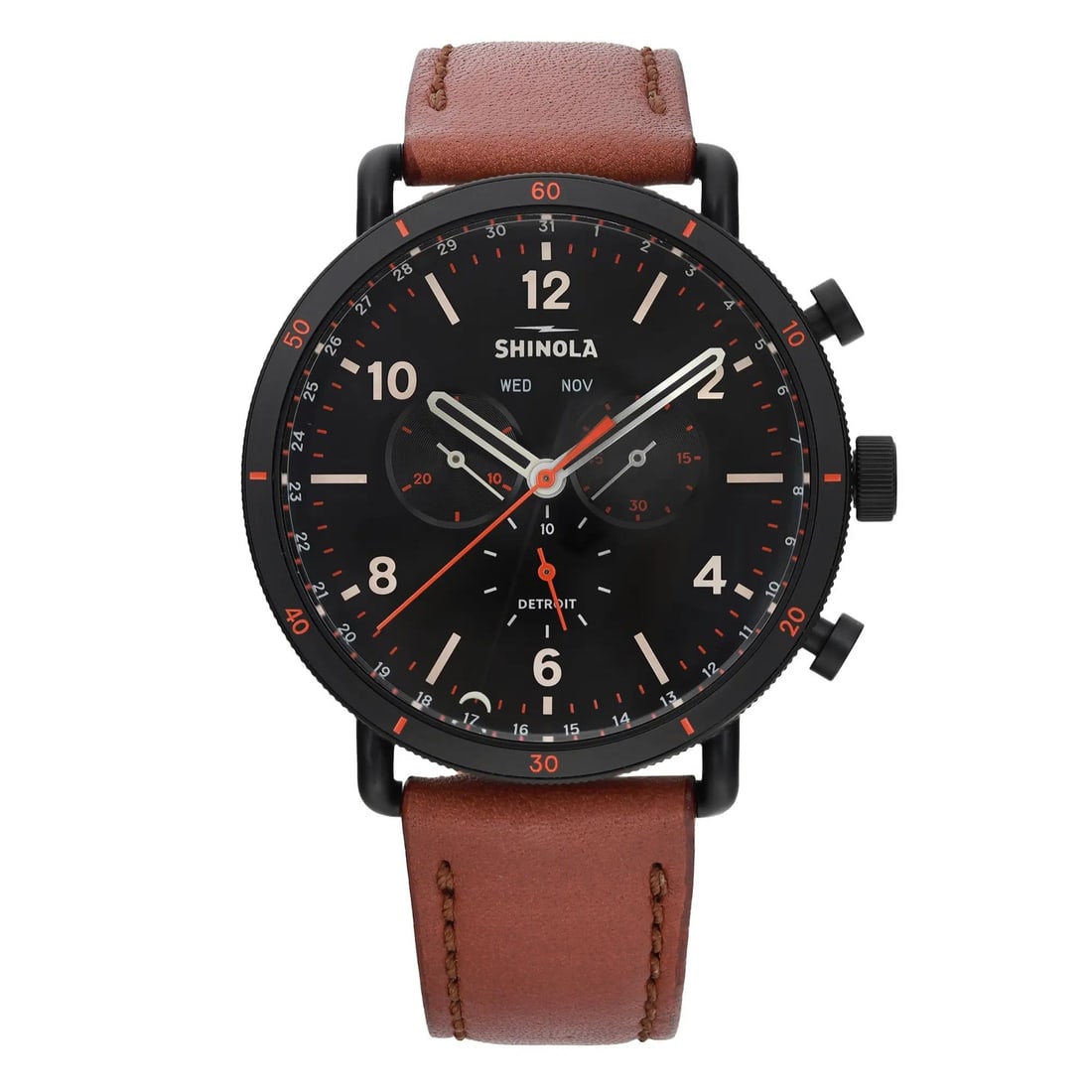 Shinola The Canfield Black Dial Quartz Watch PVD Steel Brown Leather Strap: Shinola The Canfield Black Dial Quartz Watch PVD Steel Brown Leather Strap This Shinola The Canfield watch combines a bold design with functionality, ideal for casual wear. It features a striking blac