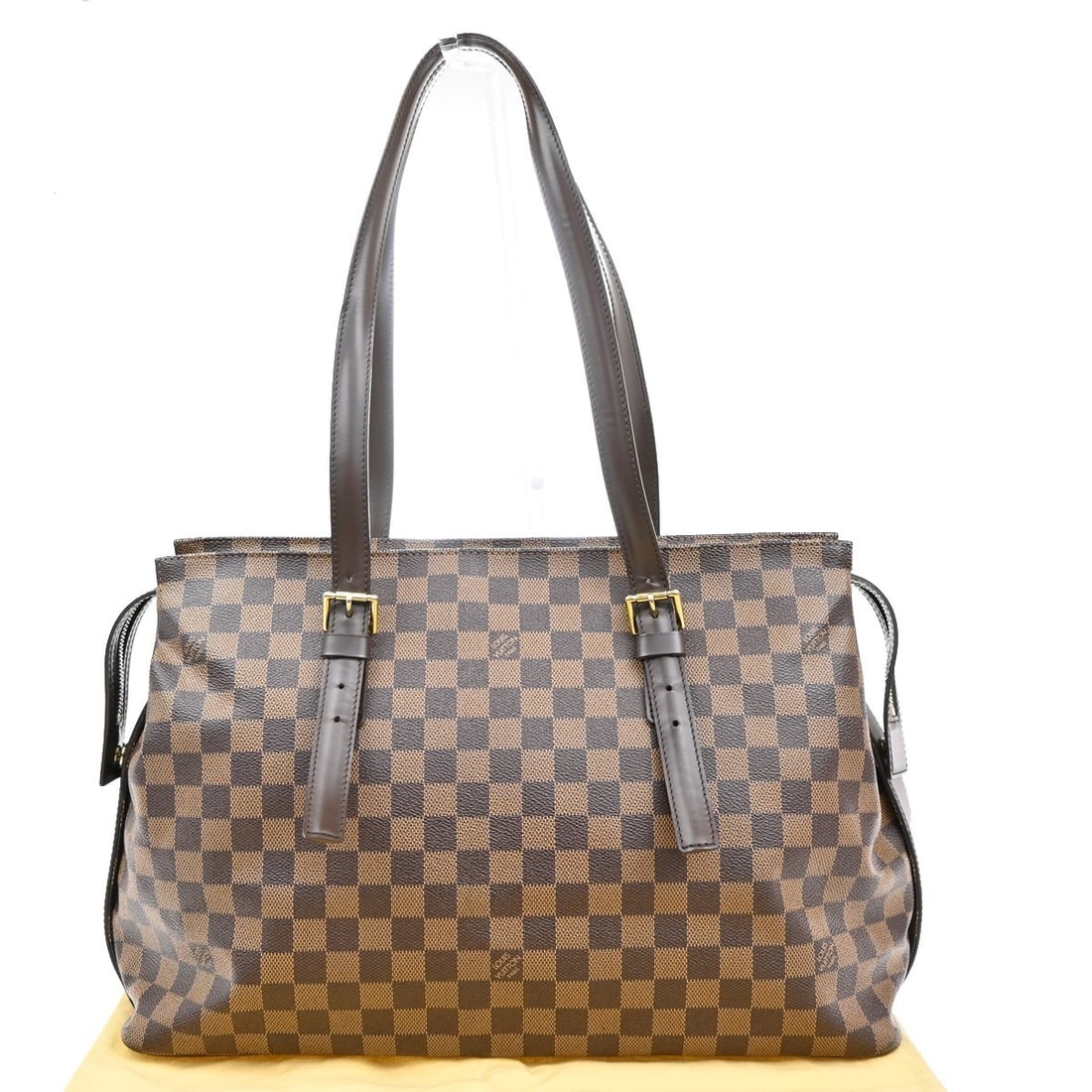 Chelsea Shoulder Tote in Damier Leather by Louis Vuitton: Chelsea Shoulder Tote in Damier Leather by Louis Vuitton This Louis Vuitton Chelsea Handbag features the signature Damier pattern in brown leather. Designed for women, it offers a spacious interior an