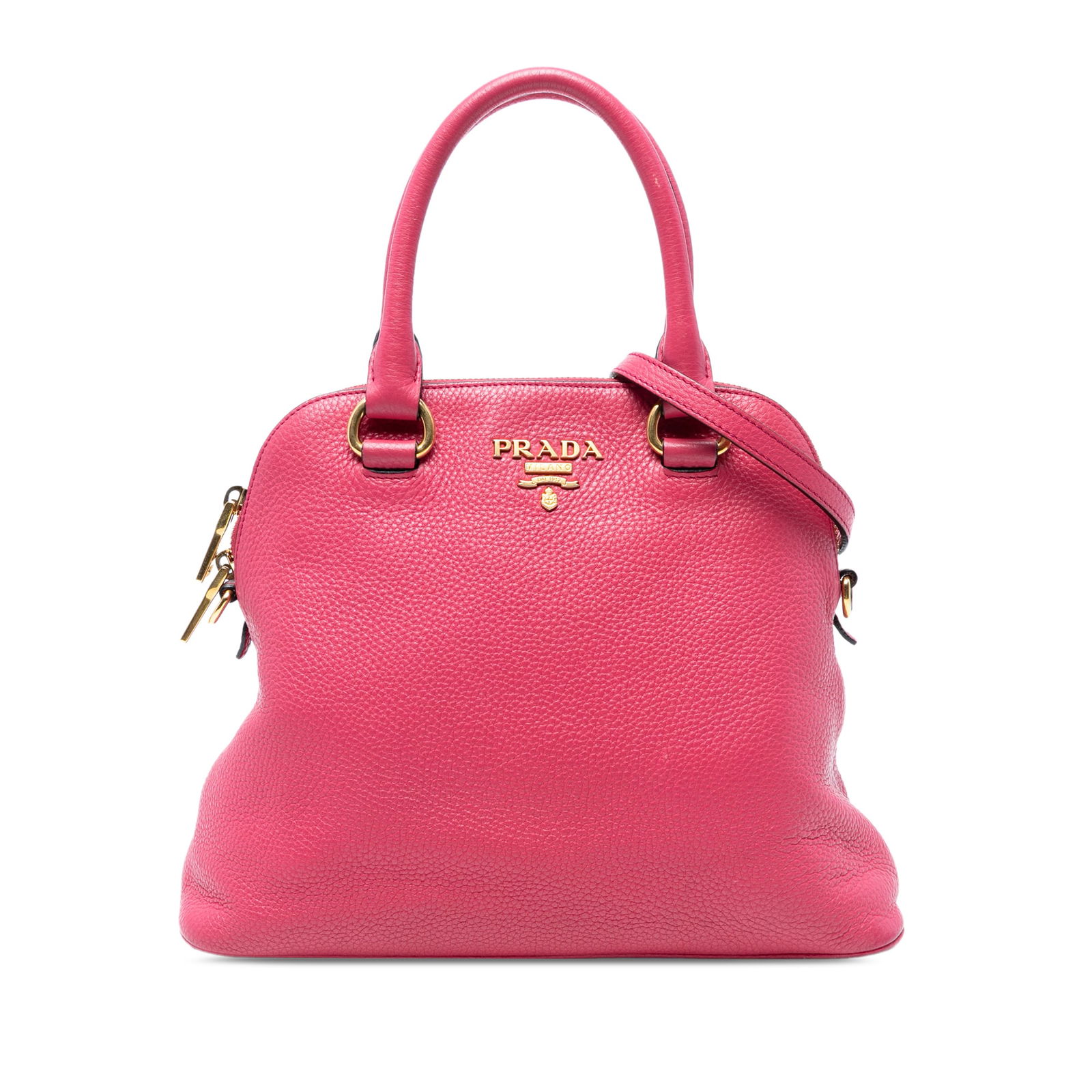 Prada Vitello Daino Dome Satchel Pink Leather with Rolled Handles: Prada Vitello Daino Dome Satchel Pink Leather with Rolled Handles The Prada Vitello Daino Dome Satchel is a stylish and functional handbag, expertly crafted from high-quality leather. This pink satche