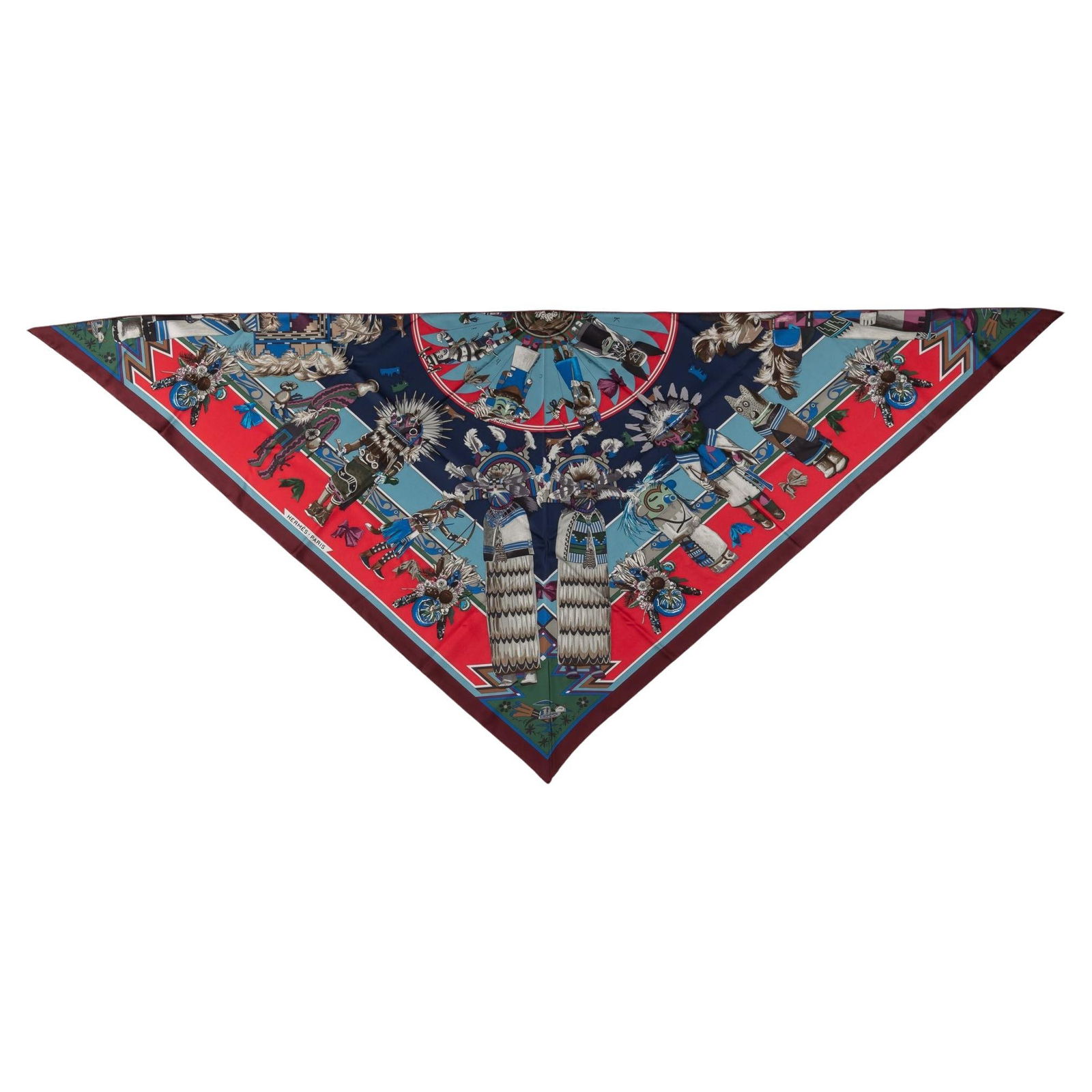 Hermes Kachinas Pointe Blue Red Silk Shawl 27x82 with Box: Hermes Kachinas Pointe Blue Red Silk Shawl 27x82 with Box This exquisite Hermes "Kachinas" Pointe Silk Shawl features a vibrant blue and red color combination, making it a stunning accessory for any o