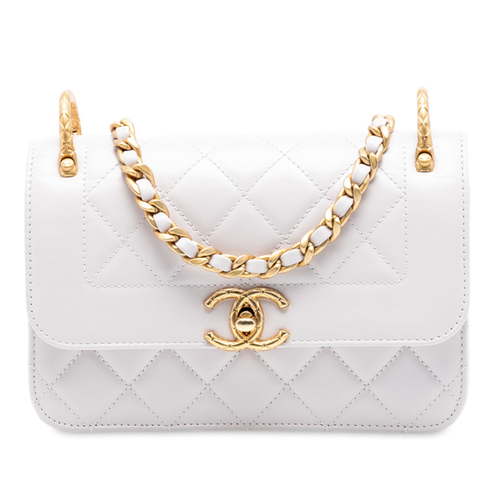 Chanel CC Quilted Calfskin Leather White Crossbody Flap Bag: Chanel CC Quilted Calfskin Leather White Crossbody Flap Bag This Chanel CC Quilted Calfskin Single Flap crossbody bag features a quilted leather body in white, a leather-woven chain-link strap with a