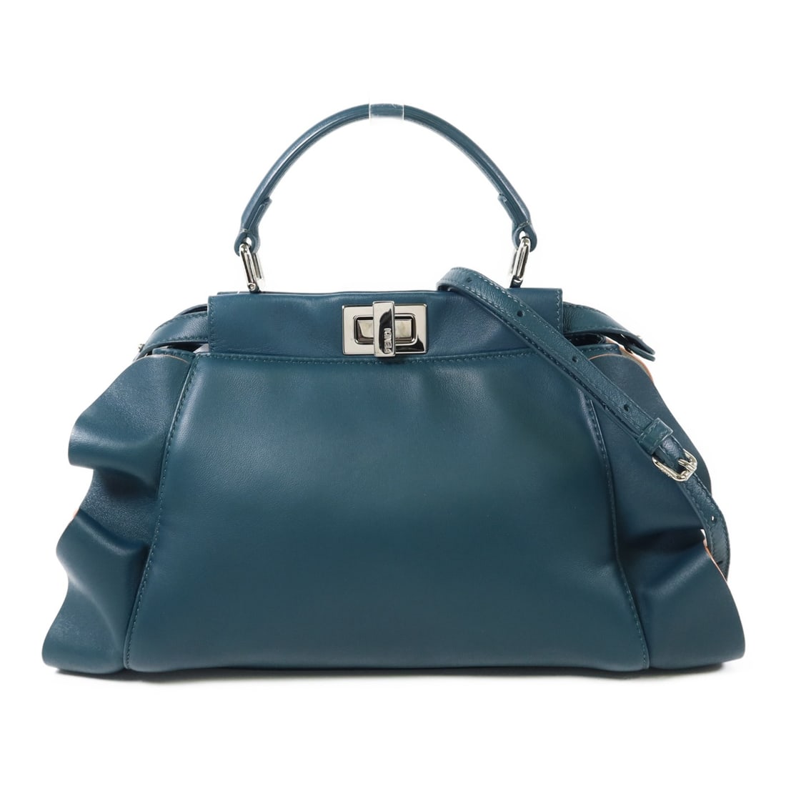 Fendi Peekaboo Wave 2 Way Shoulder Bag Green Lambskin Leather: Fendi Peekaboo Wave 2 Way Shoulder Bag Green Lambskin Leather Introducing the Fendi Peekaboo Wave 2 Way Shoulder Bag, a stunning accessory crafted from high-quality lambskin leather in an elegant gree