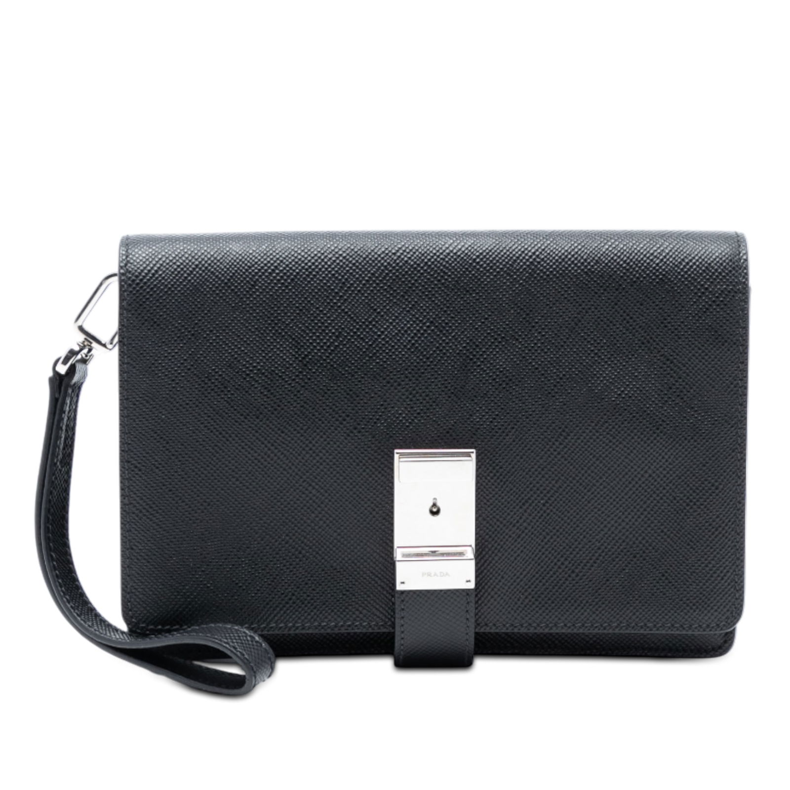 Black Prada Saffiano Leather Flap Clutch with Wrist Strap: Black Prada Saffiano Leather Flap Clutch with Wrist Strap This Prada Saffiano Flap Clutch features a saffiano leather body in black, a flat leather wrist strap, a front flap with a metal closure, and