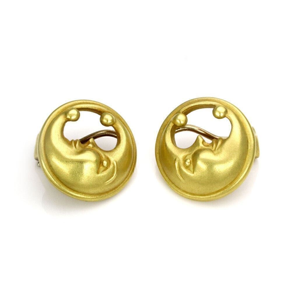 18k Yellow Gold Crescent Moon Clip On Earrings by Kieselstein Cord: 18k Yellow Gold Crescent Moon Clip On Earrings by Kieselstein Cord These vintage Kieselstein Cord earrings feature a crescent moon face design in a round shape. Crafted from 18k yellow gold, they are