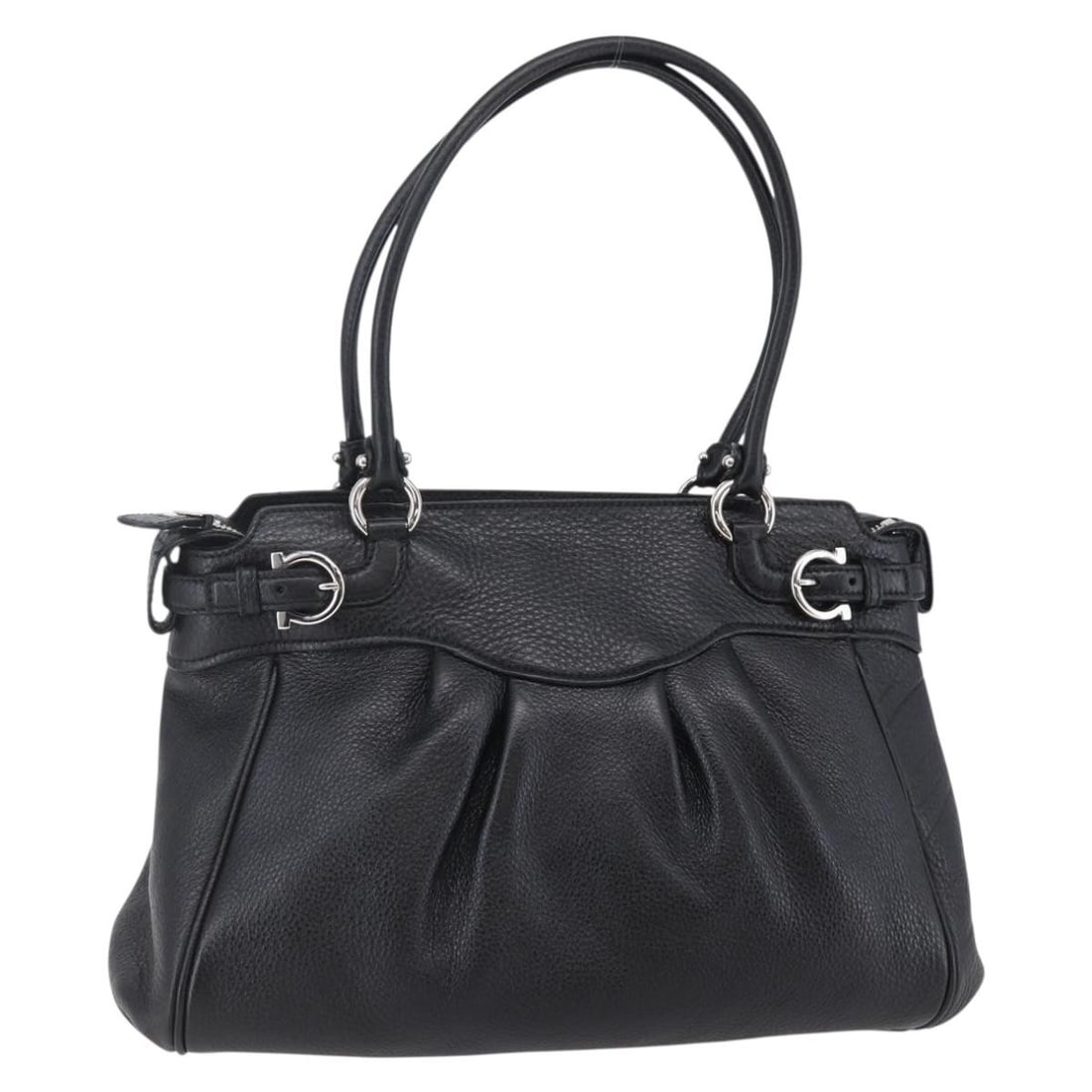 Salvatore Ferragamo Gancini Leather Tote Bag Black Silver Authentic: Salvatore Ferragamo Gancini Leather Tote Bag Black Silver Authentic This elegant Salvatore Ferragamo Gancini Tote Bag is crafted from premium leather in a sophisticated black and silver color scheme.