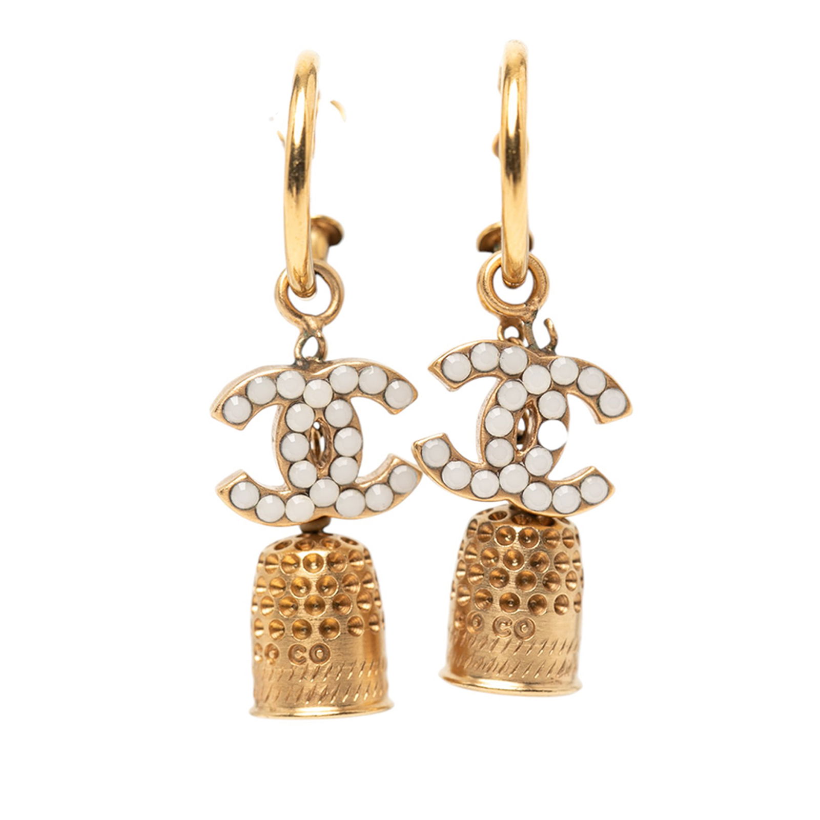 Chanel CC Enamel Gold Tone Bell Drop Earrings with Push Back Closures: Chanel CC Enamel Gold Tone Bell Drop Earrings with Push Back Closures These Chanel earrings feature a gold-tone metal and enamel construction with the iconic CC bell drop design. They are equipped wit