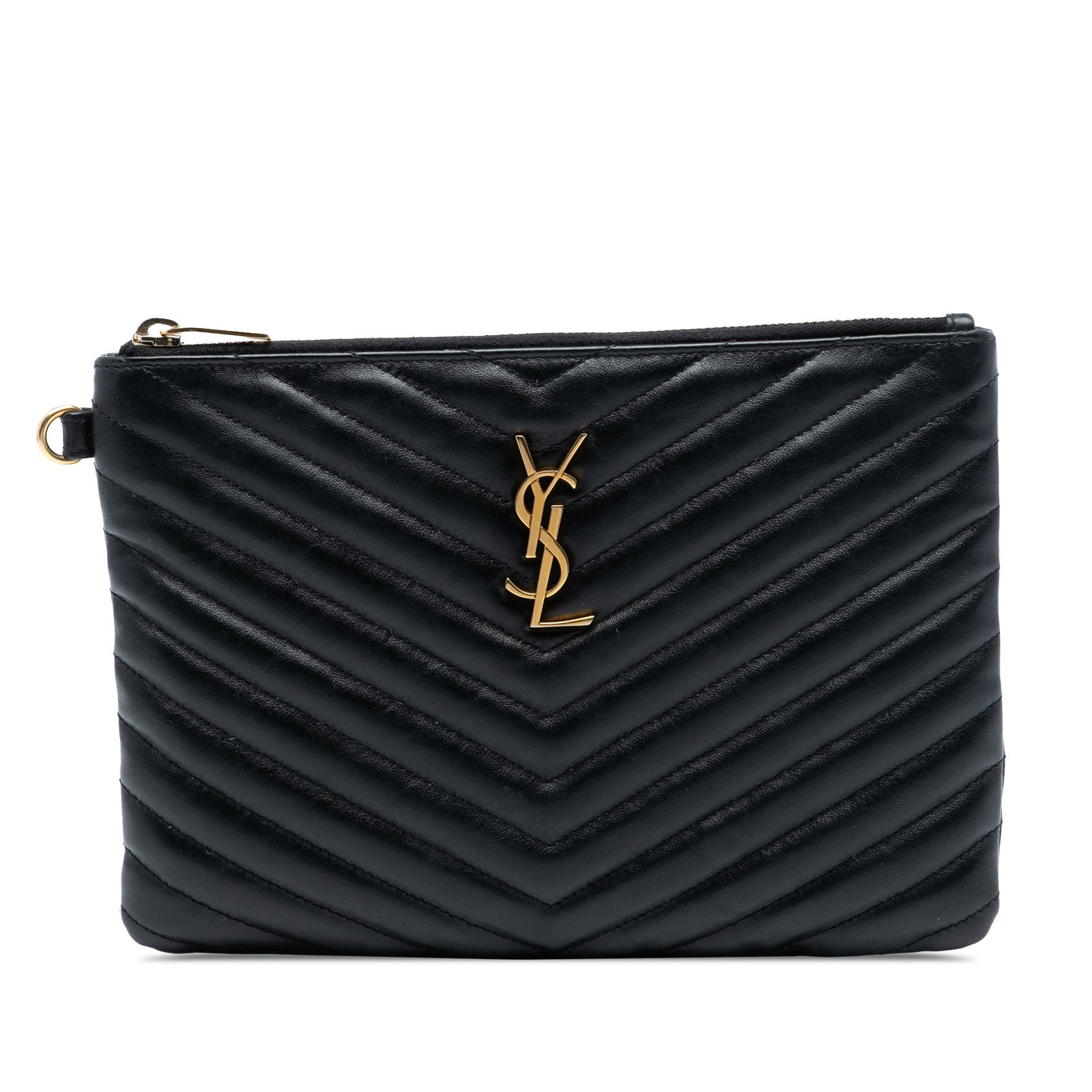 Black Leather Quilted Wristlet Clutch by Saint Laurent Chevron Monogram (1 of 7)