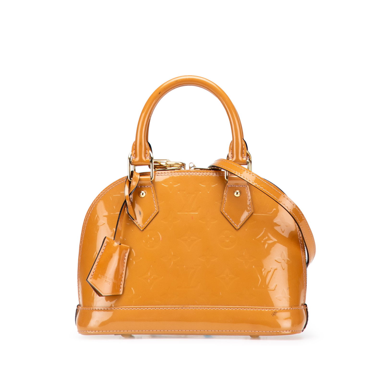 Louis Vuitton Monogram Vernis Alma BB Handbag with Detachable Strap: Louis Vuitton Monogram Vernis Alma BB Handbag with Detachable Strap The Louis Vuitton Monogram Vernis Alma BB is a stylish and elegant handbag crafted from durable monogram vernis leather. This bag fe