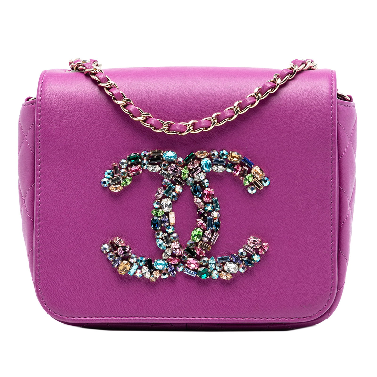 Purple Chanel Mini Flap Bag with Giant Crystal CC and Quilted Leather: Purple Chanel Mini Flap Bag with Giant Crystal CC and Quilted Leather This Chanel Mini Lambskin Giant Crystal CC Flap crossbody bag features a purple leather body with oversized crystal CC embellishme
