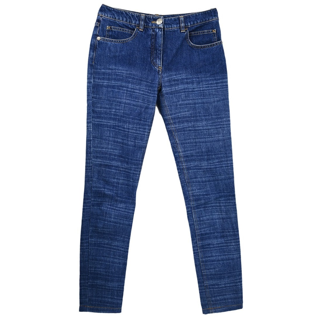 Chanel Classic Blue Long Denim Pants #36 Regular Fit: Chanel Classic Blue Long Denim Pants #36 Regular Fit Elevate your casual wardrobe with these Chanel Long Denim Pants in a classic blue hue. Designed for a regular fit, these pants are crafted from 100