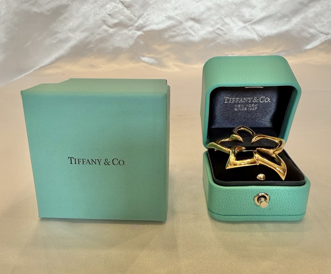 Exquisite Tiffany & Co 18K Yellow Gold Brooch with Box: Exquisite Tiffany & Co 18K Yellow Gold Brooch with Box Discover the elegance of this exquisite Tiffany & Co. brooch crafted from 18k yellow gold. This stunning piece, weighing 11.40 grams, showcases e