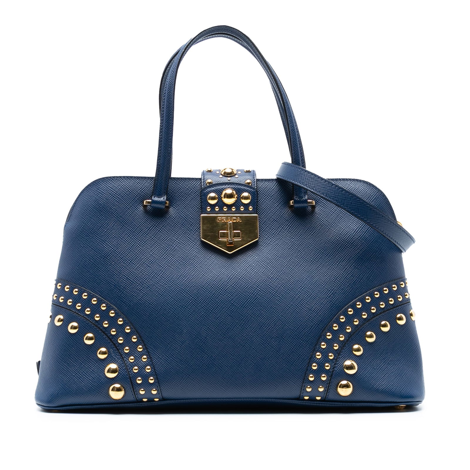 Prada Studded Saffiano Cuir Promenade Satchel Blue Italy: Prada Studded Saffiano Cuir Promenade Satchel Blue Italy The Prada Studded Saffiano Cuir Promenade Satchel is a distinctive bag crafted from high-quality saffiano leather, featuring an array of stylis