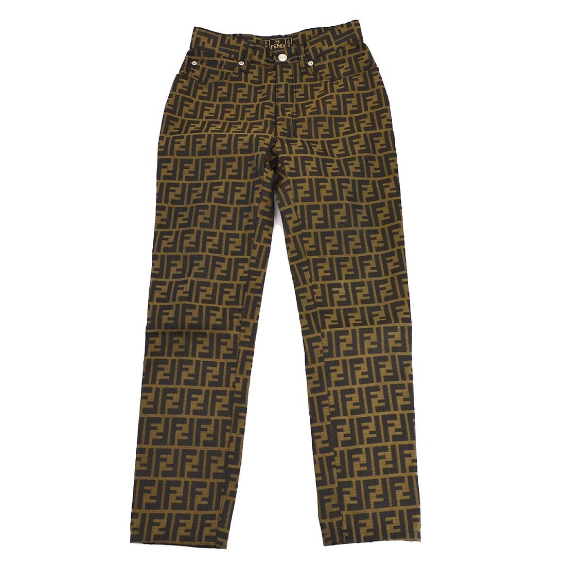 Fendi Brown and Black Zucca Print Straight Leg Long Pants Size 41: Fendi Brown and Black Zucca Print Straight Leg Long Pants Size 41 These Fendi long pants feature the iconic Zucca pattern in brown and black. Crafted in Italy from a blend of 70% polyester and 30% cot