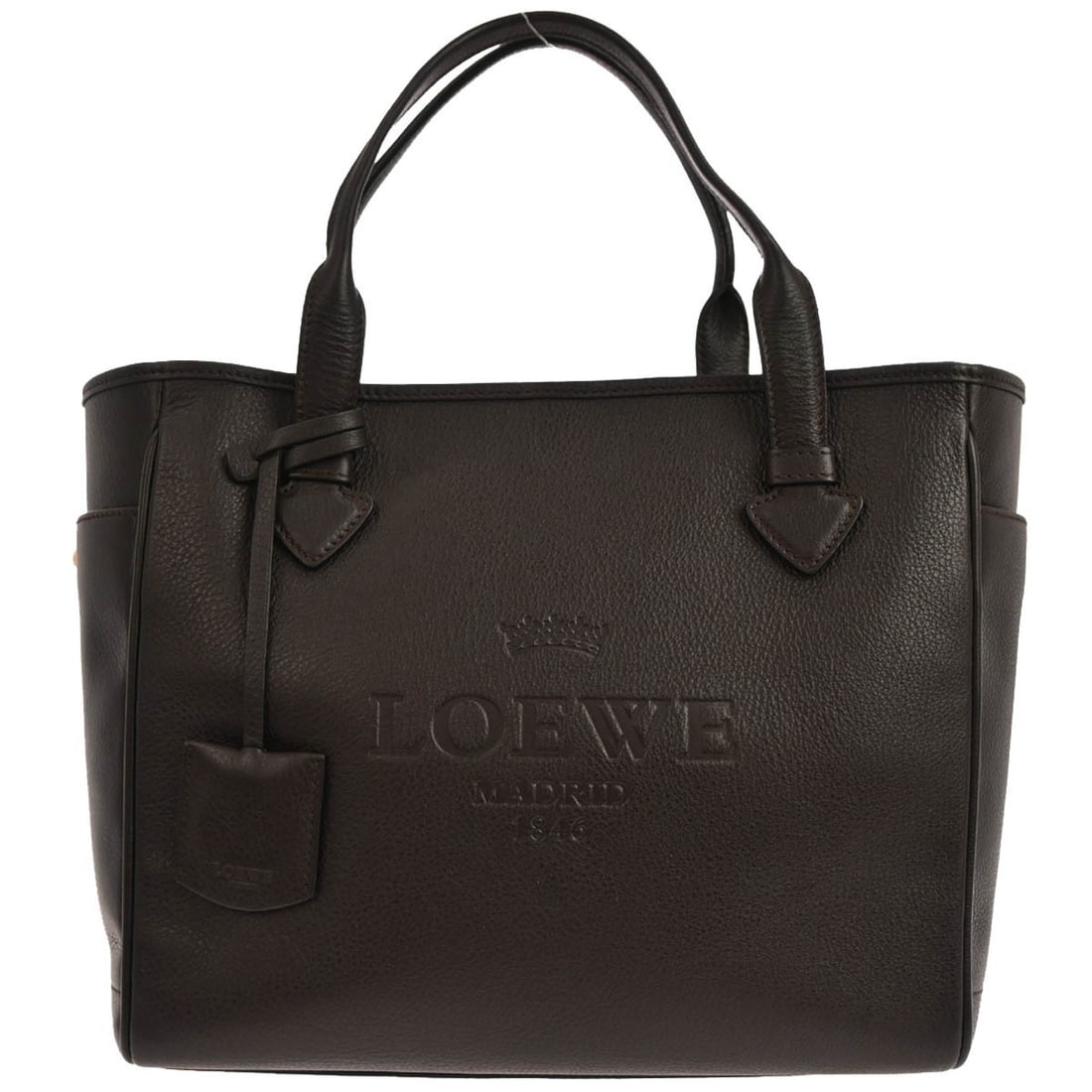 Heritage Medium Brown Leather Tote by Loewe with Double Handles: Heritage Medium Brown Leather Tote by Loewe with Double Handles This Loewe Heritage tote handbag features brown leather construction with double handles and a medium size profile. The tote includes in