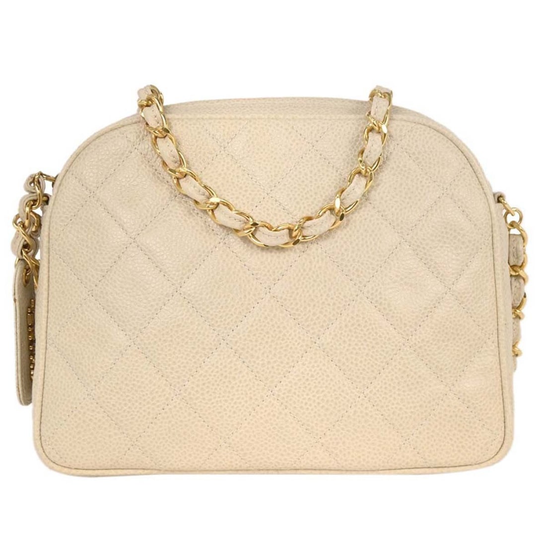 Single Chain Shoulder Bag in Off-white Caviar Leather by Chanel: Single Chain Shoulder Bag in Off-white Caviar Leather by Chanel This Chanel off-white camera bag is crafted from durable caviar calfskin leather and features a classic single chain shoulder strap. The