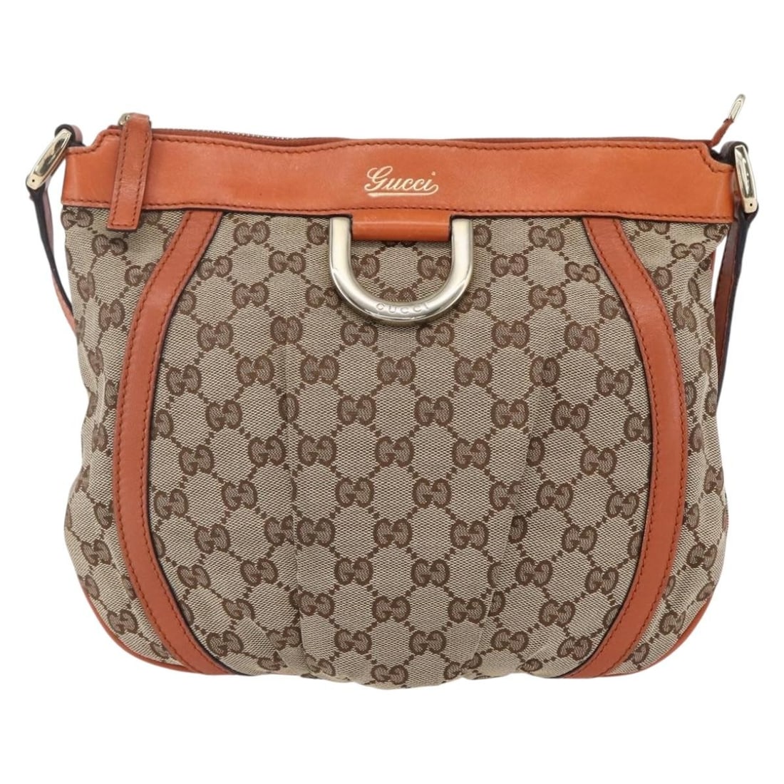 Gucci Beige GG Canvas Abbey Shoulder Messenger Bag: Gucci Beige GG Canvas Abbey Shoulder Messenger Bag This pre-owned Gucci D Ring Messenger Bag for women features beige GG canvas material with a shoulder strap. It is a stylish accessory suitable for v