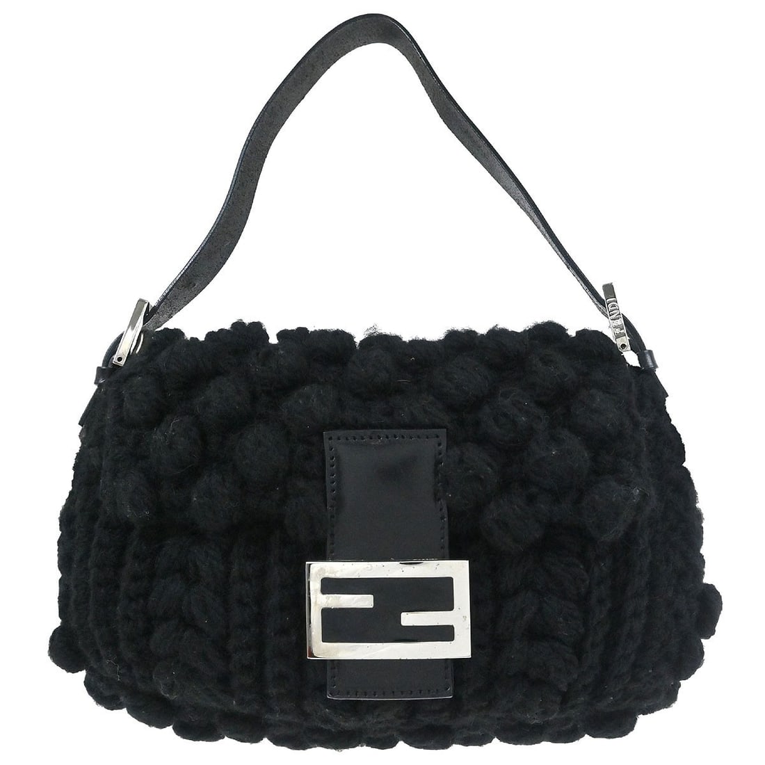 Fendi Baguette Black Wool Medium Handbag with Silver Hardware: Fendi Baguette Black Wool Medium Handbag with Silver Hardware This Fendi Baguette handbag is crafted from black wool with a matching black leather top handle and silver-tone hardware. It features a fl