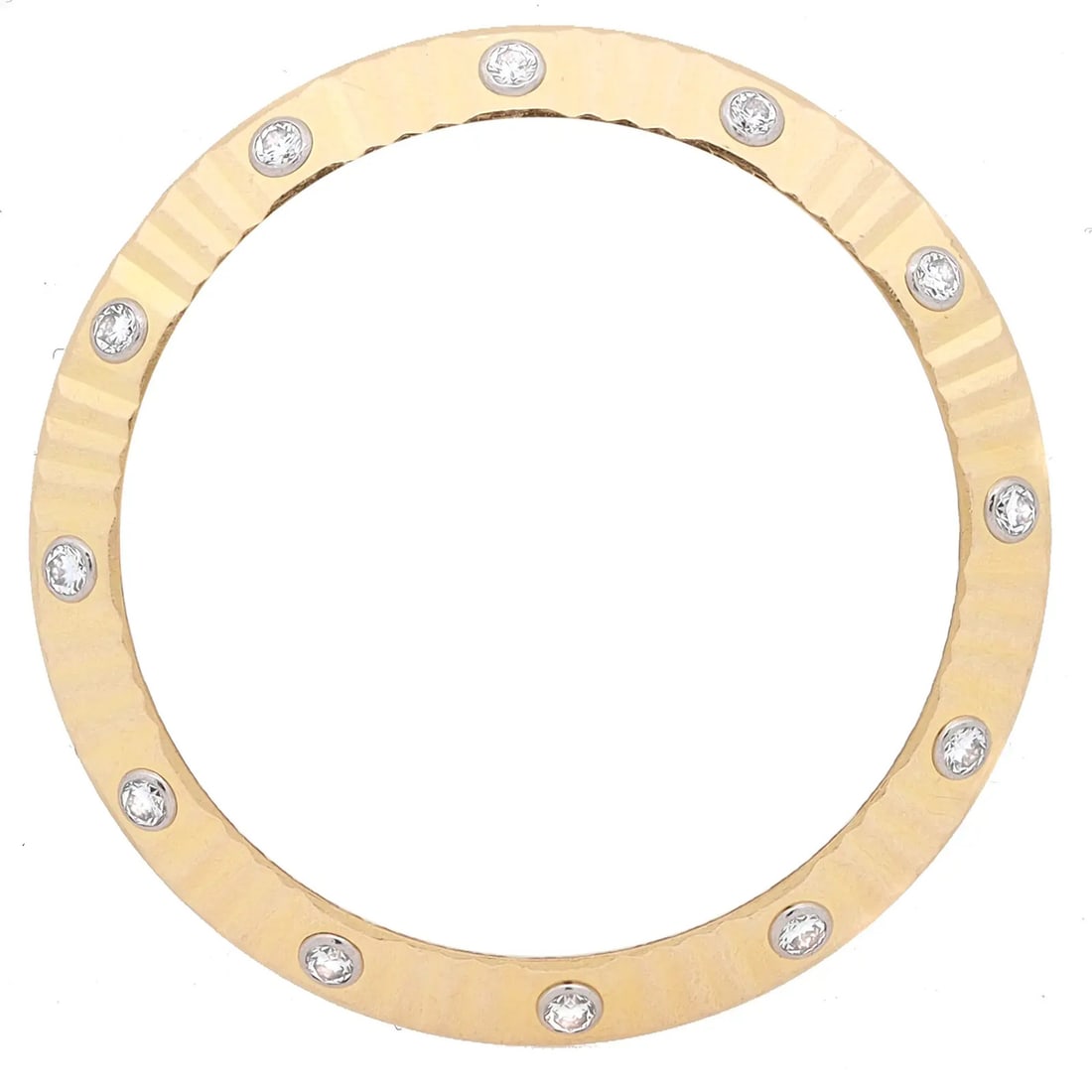 Rolex Datejust 18K Yellow Gold Bezel with 12 Diamonds 179313 179273: Rolex Datejust 18K Yellow Gold Bezel with 12 Diamonds 179313 179273 This luxurious Rolex Datejust bezel is crafted from 18K yellow gold and features a stunning design adorned with 12 diamonds and a fl