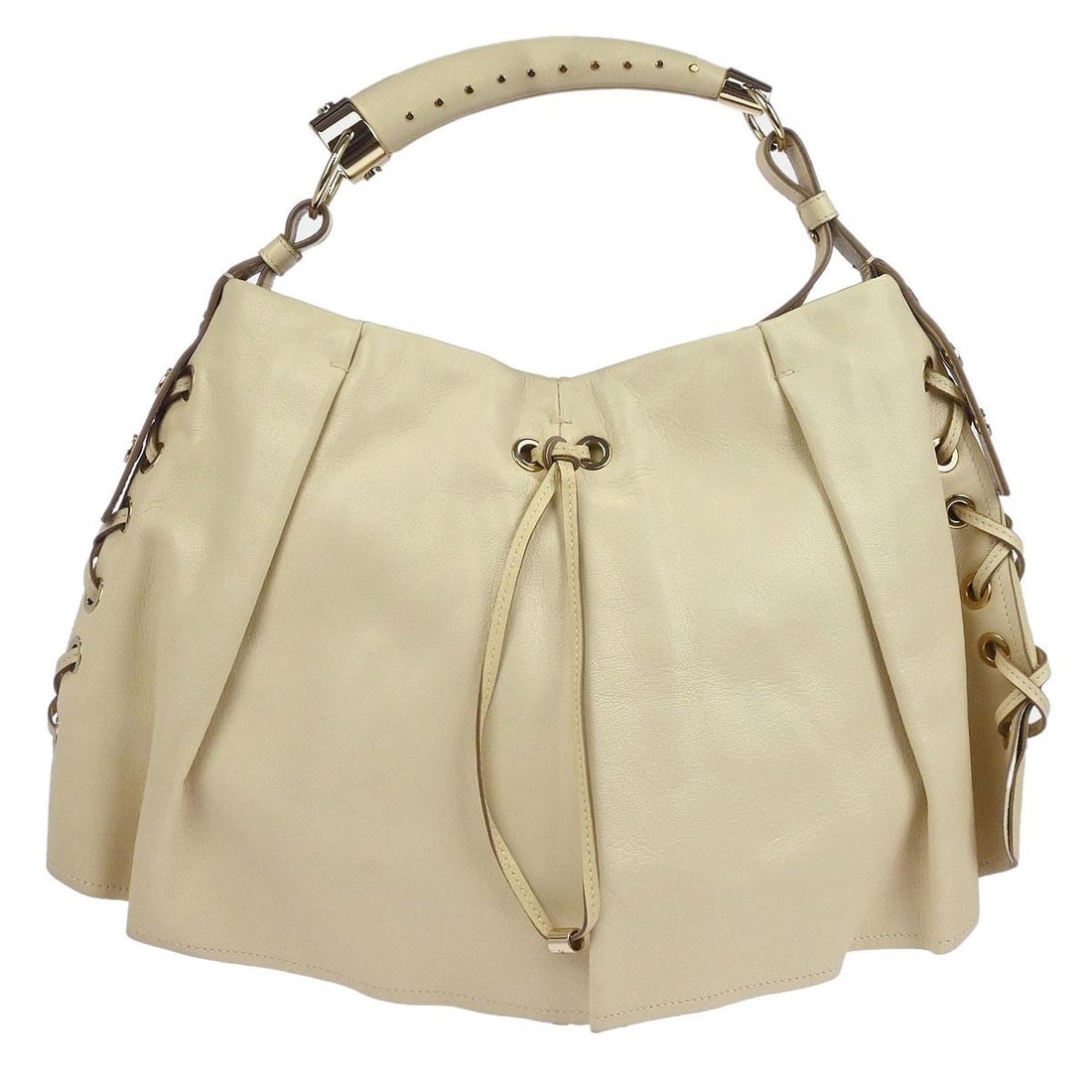Large Mombasa Top Handle Leather Bag by Yves Saint Laurent Off-white: Large Mombasa Top Handle Leather Bag by Yves Saint Laurent Off-white This Yves Saint Laurent large Mombasa handbag features an off-white leather exterior and a top handle design. It is accented with t