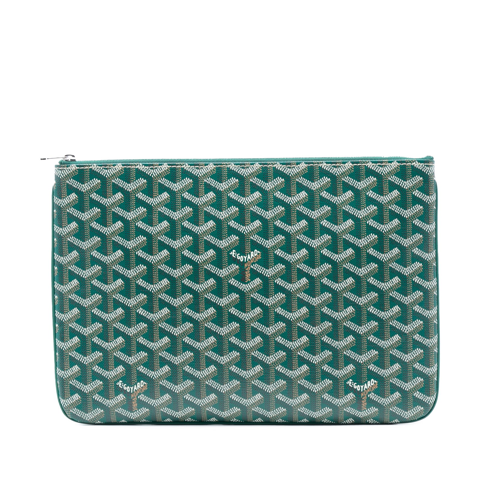 Goyard Goyardine Senat MM Green Coated Canvas Zip Pouch: Goyard Goyardine Senat MM Green Coated Canvas Zip Pouch The Senat MM features a green coated canvas body with a top zip closure. The item shows signs of wear, including worn and stained areas on the e