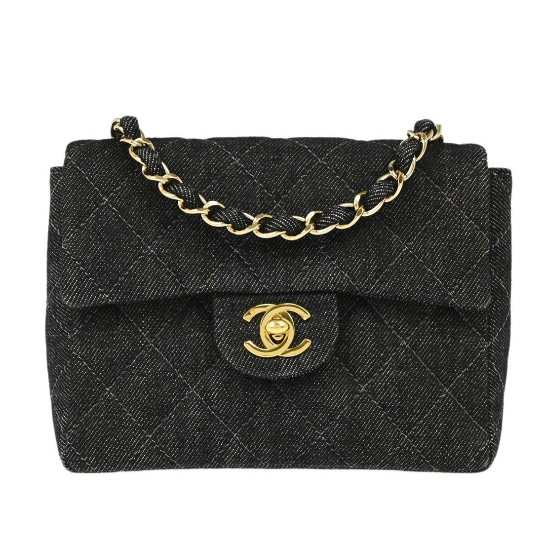 Chanel Black Denim Mini Classic Flap Shoulder Bag with Gold Hardware: Chanel Black Denim Mini Classic Flap Shoulder Bag with Gold Hardware Elevate your style with this Chanel Black Denim Mini Classic Square Flap Shoulder Bag. Crafted from durable denim canvas, this smal