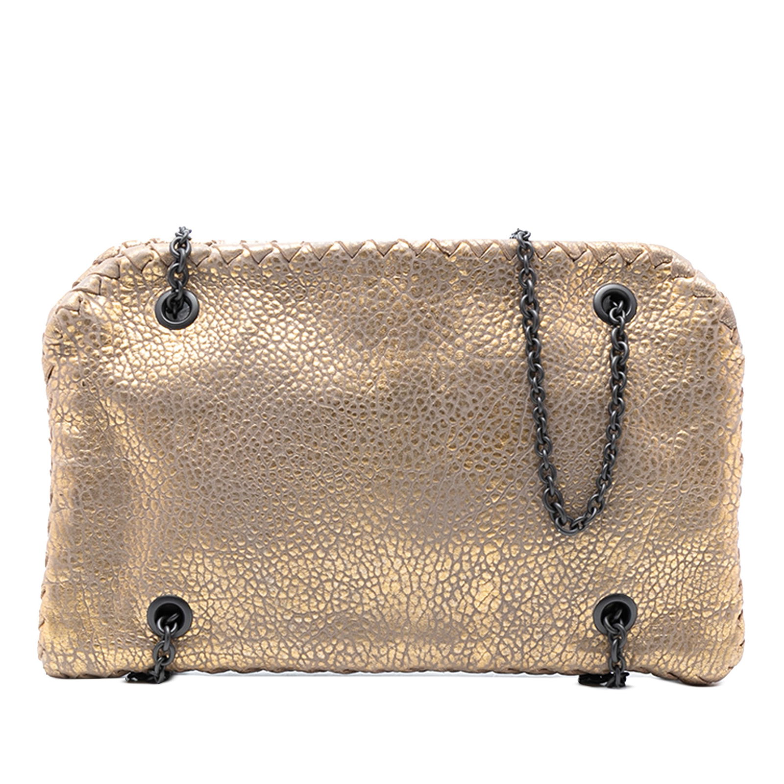 Bottega Veneta Gold Intrecciato Trimmed Metallic Leather Duo Shoulder Bag: Bottega Veneta Gold Intrecciato Trimmed Metallic Leather Duo Shoulder Bag The Bottega Veneta Intrecciato Trimmed Metallic Leather Duo Shoulder Bag is a luxurious accessory crafted from metallic leathe