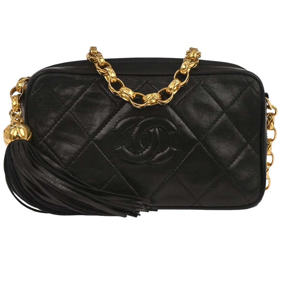 Mini Single Chain Shoulder Bag in Black Leather with Fringe by Chanel: Mini Single Chain Shoulder Bag in Black Leather with Fringe by Chanel This Chanel black lambskin camera bag is a mini-sized shoulder bag designed for casual occasions. It features a single chain cross