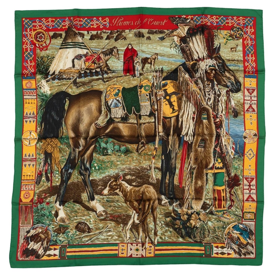 Hermes Les Cheyennes Rare Green Silk Scarf by Kermit Oliver: Hermes Les Cheyennes Rare Green Silk Scarf by Kermit Oliver Discover the elegance of the Hermes Rare Green Les Cheyennes Scarf, a stunning piece crafted from 100% silk by renowned artist Kermit Oliver