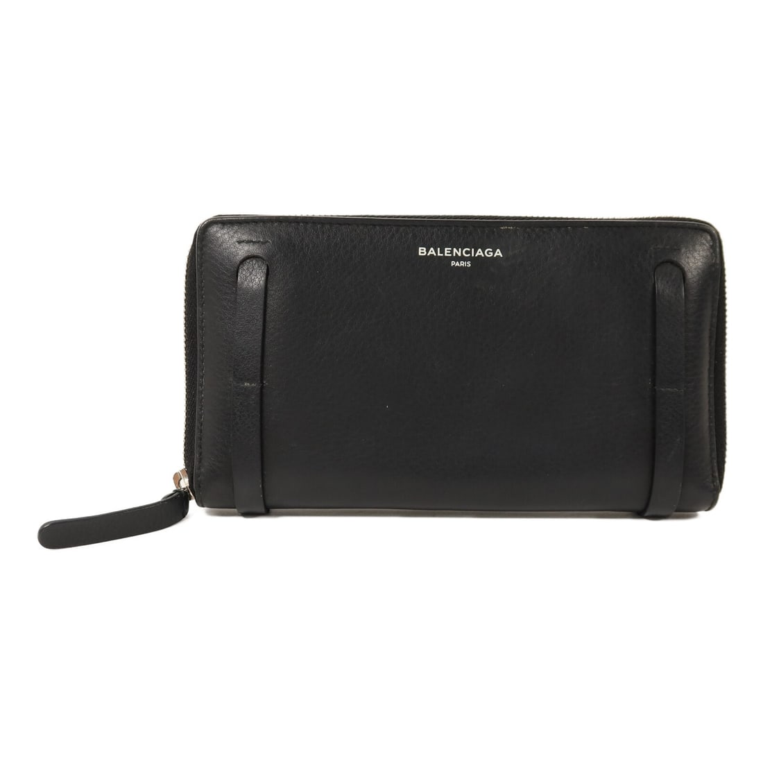 Balenciaga Black Calfskin Bifold Long Wallet with Silver Hardware: Balenciaga Black Calfskin Bifold Long Wallet with Silver Hardware This Balenciaga long wallet features a classic bifold design crafted from premium black calfskin leather. It offers a sleek and sophis