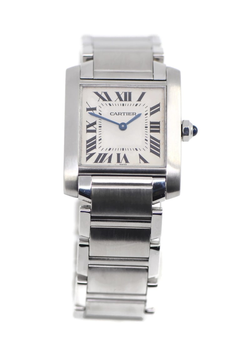 Cartier Tank W51003Q3 Midsize Quartz Stainless Steel Watch With Box: Cartier Tank W51003Q3 Midsize Quartz Stainless Steel Watch With Box This Cartier Tank midsize wristwatch features a stainless steel case and band, complemented by a silver analog dial. Powered by a re