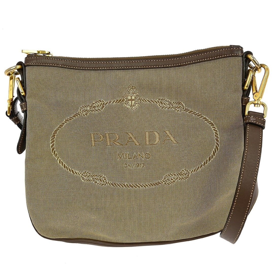 Prada Beige Leather Nylon Medium Shoulder Bag with Logo Accent: Prada Beige Leather Nylon Medium Shoulder Bag with Logo Accent This Prada shoulder bag features a beige leather and nylon exterior with the iconic logo accent. Designed in a medium size, it is suitabl
