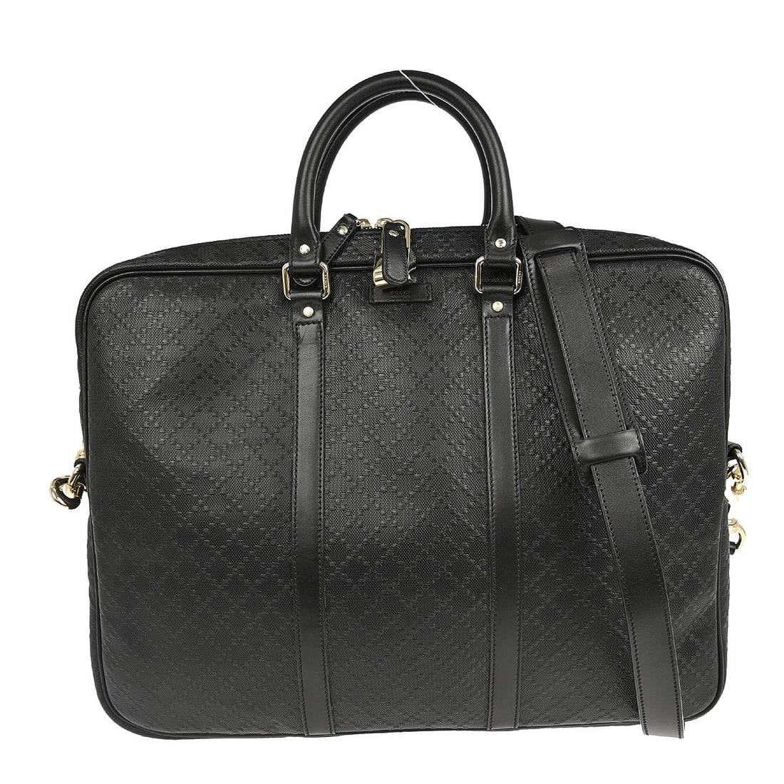 Black leather Gucci Diamante bright briefcase bag unisex Italy: Black leather Gucci Diamante bright briefcase bag unisex Italy This is a pre-owned Gucci Diamante bright briefcase crafted from black leather. Designed as a unisex accessory, it features an elegant an