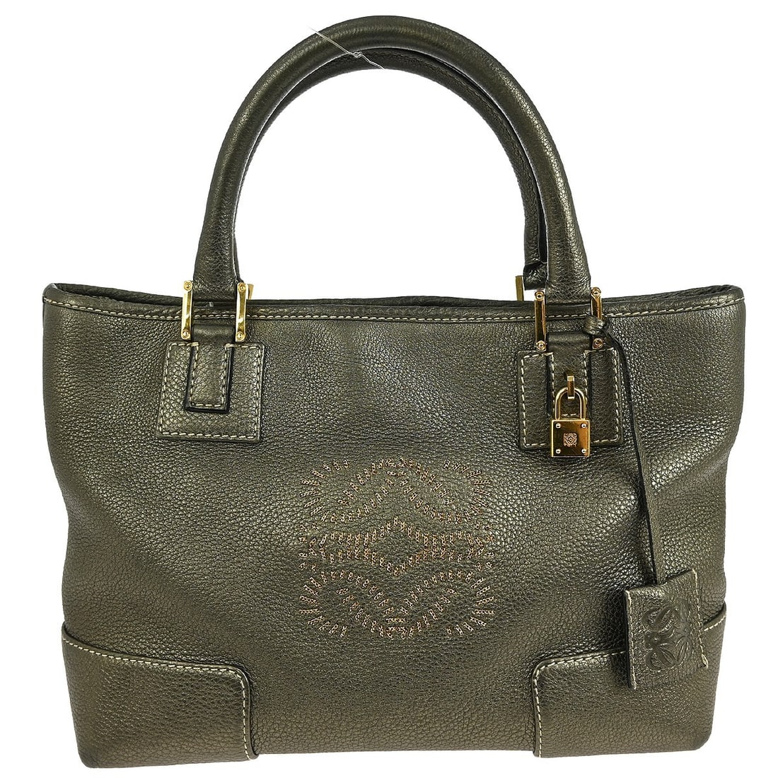 Loewe Amazona 28 Medium Gold Leather Top Handle Bag with Double Handles: Loewe Amazona 28 Medium Gold Leather Top Handle Bag with Double Handles The Loewe Amazona 28 is a medium-sized top handle bag crafted from gold leather with double handles and a zip closure. It featur