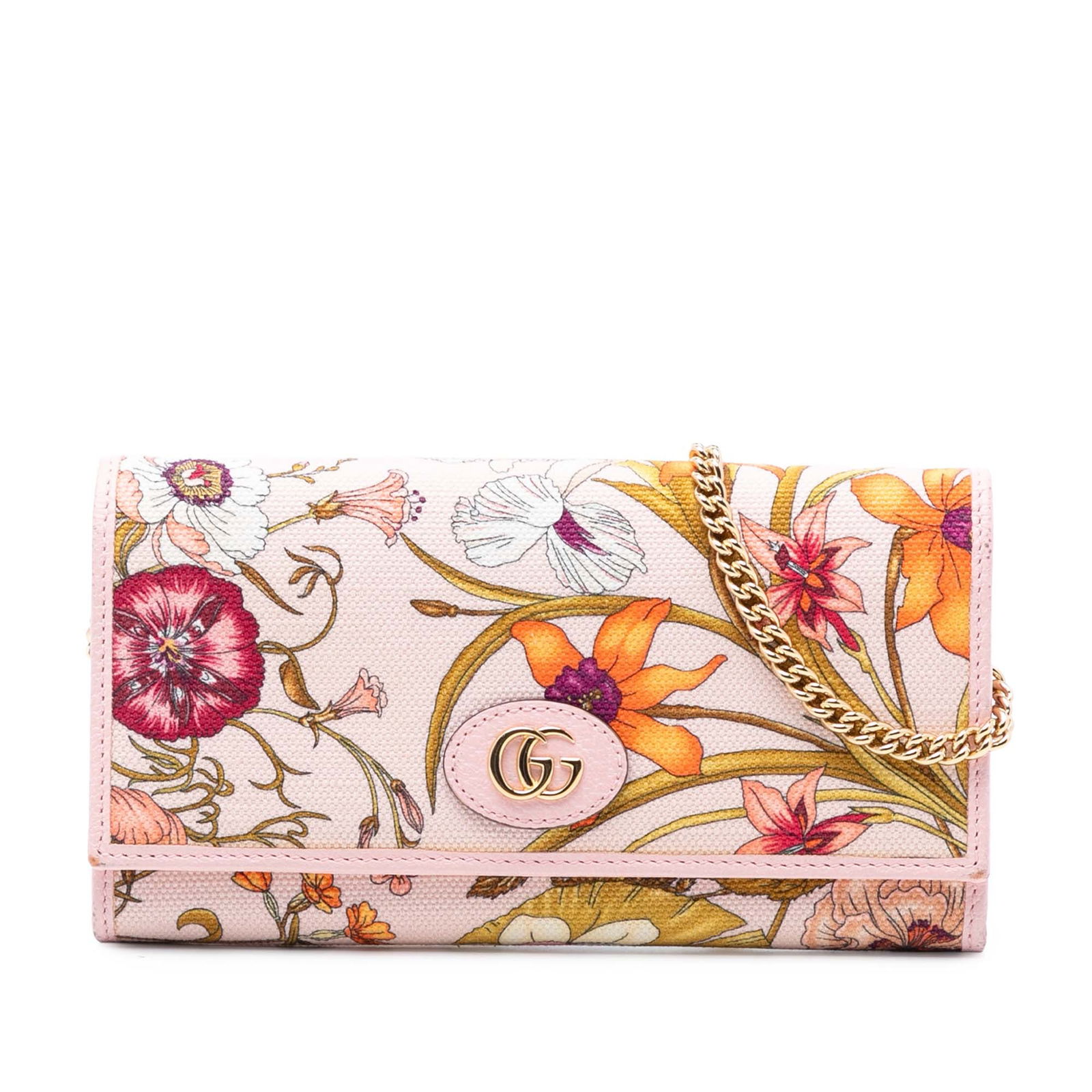 Gucci Pink Floral Canvas Chain Wallet with Leather Trim: Gucci Pink Floral Canvas Chain Wallet with Leather Trim This Gucci Floral Printed Canvas Wallet On Chain features a printed canvas exterior with leather trim. It includes a chain link shoulder strap,