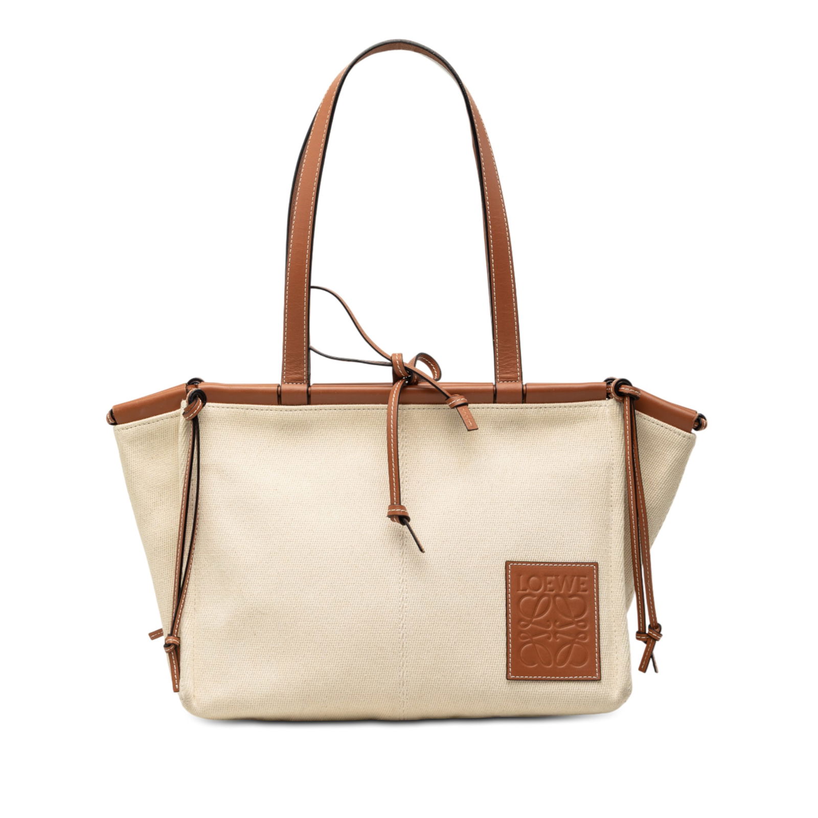 LOEWE Cushion Tote Small Brown Canvas and Leather Bag: LOEWE Cushion Tote Small Brown Canvas and Leather Bag This LOEWE Small Canvas Cushion Tote features a canvas body with a leather top panel, flat leather straps, an open top with a leather tie closure,