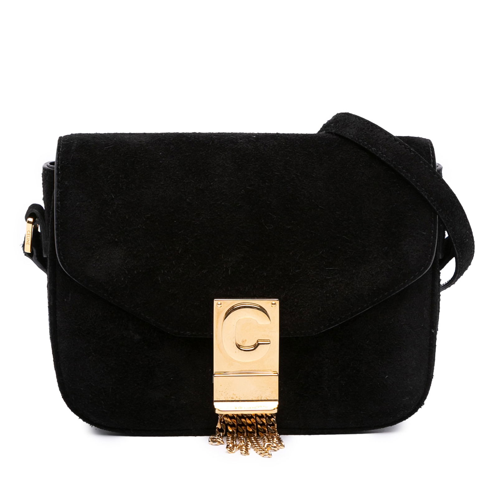 Celine Small Black Suede Pampille C Bag with Metal Closure: Celine Small Black Suede Pampille C Bag with Metal Closure The Celine Small Suede Pampille C Bag showcases an elegant design with a soft suede leather body in classic black. It features a flat leather