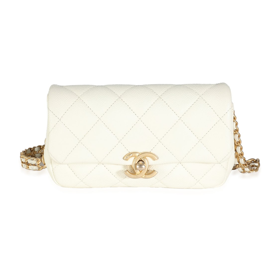 Chanel Melody White Caviar Leather Belt Bag Gold-Tone Hardware: Chanel Melody White Caviar Leather Belt Bag Gold-Tone Hardware This Chanel White Quilted Caviar Chain Melody Waist Belt Bag is a stylish accessory that combines functionality with luxury. Crafted in I