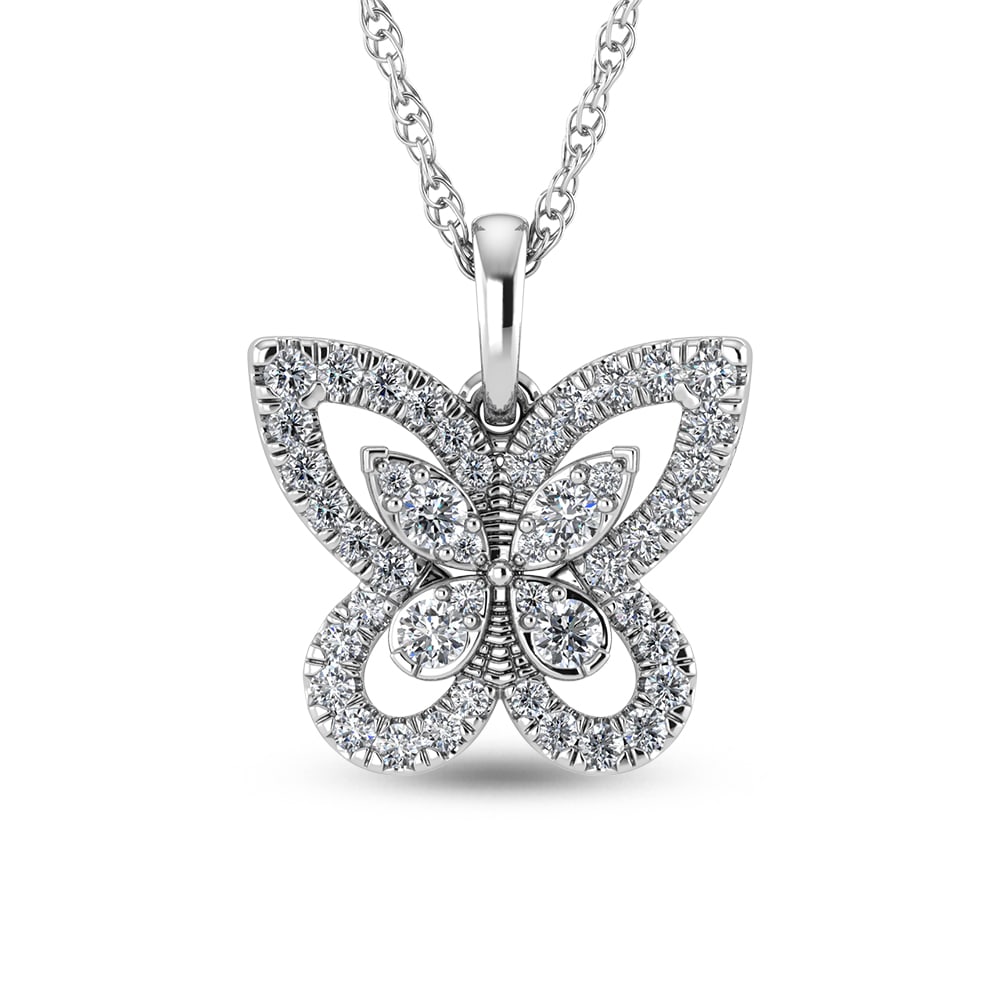 14K White Gold Diamond 3/8 Ct.Tw. Butterfly Pendant: 14K White Gold Diamond 3/8 Ct.Tw. Butterfly Pendant 14k White Gold Stone Color: G-h Stone Clarity: Si1 Unless otherwise specified, pendants that include a chain are paired with our standard 18-inch le