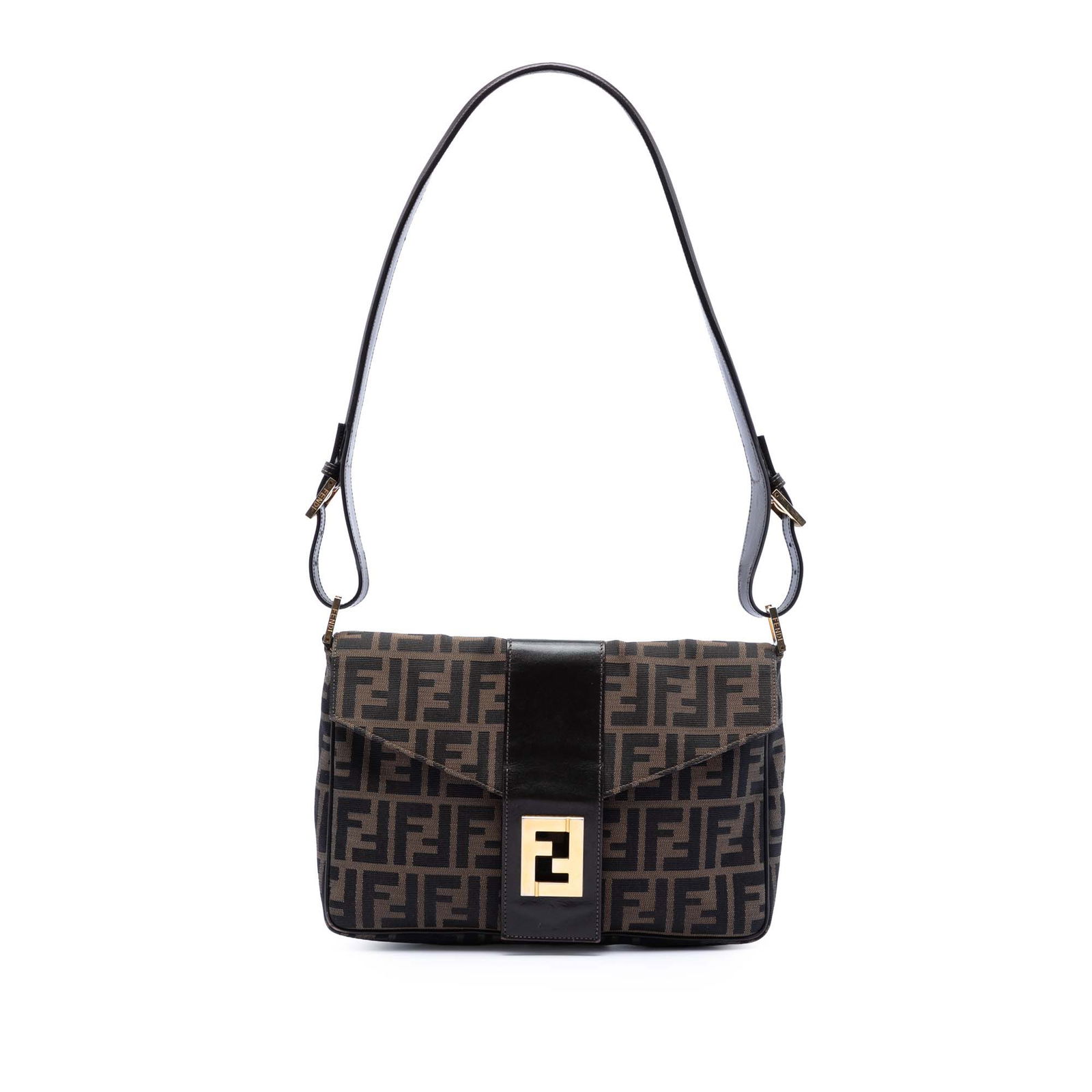 Fendi Zucca Canvas Brown Shoulder Bag with Flap Closure: Fendi Zucca Canvas Brown Shoulder Bag with Flap Closure This Fendi Zucca Canvas Flap Shoulder Bag features a canvas body with the iconic Zucca pattern, a flat leather strap, a flap closure with magnet