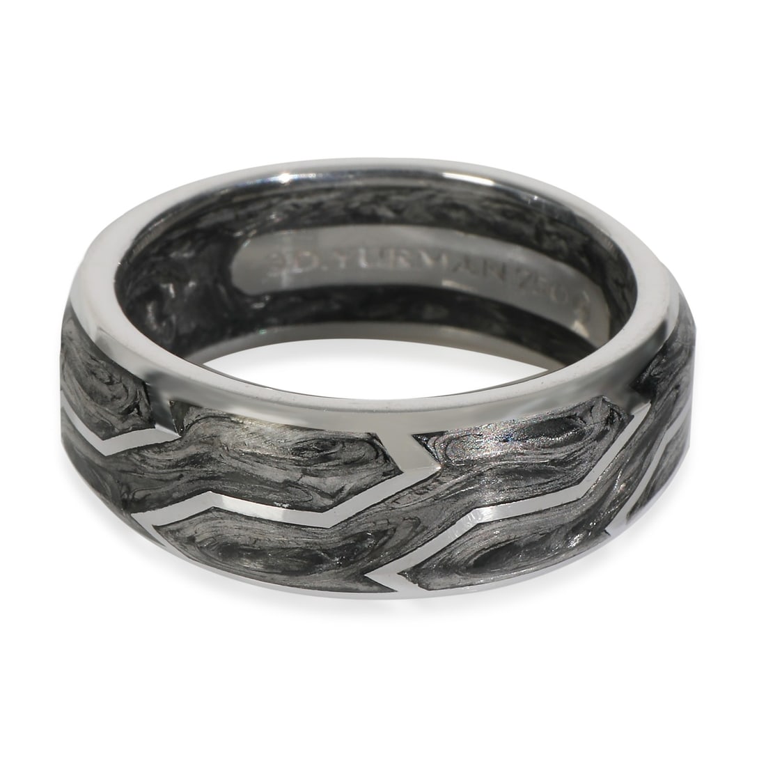 Forged Carbon and 18k White Gold Men's Band by David Yurman with Box: Forged Carbon and 18k White Gold Men's Band by David Yurman with Box This David Yurman men's band is crafted from 18k white gold and features a distinctive forged carbon design. Part of the Forged Car