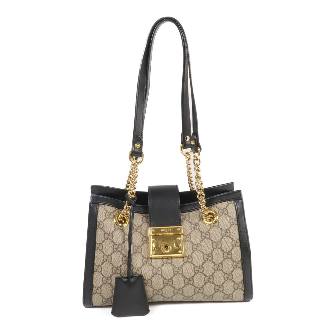 Gucci Padlock Small Shoulder Bag Brown Black Coated Canvas Gold Tone Hardware: Gucci Padlock Small Shoulder Bag Brown Black Coated Canvas Gold Tone Hardware This Gucci Padlock GG small shoulder bag is crafted from brown PVC coated canvas and features gold tone hardware. The bag
