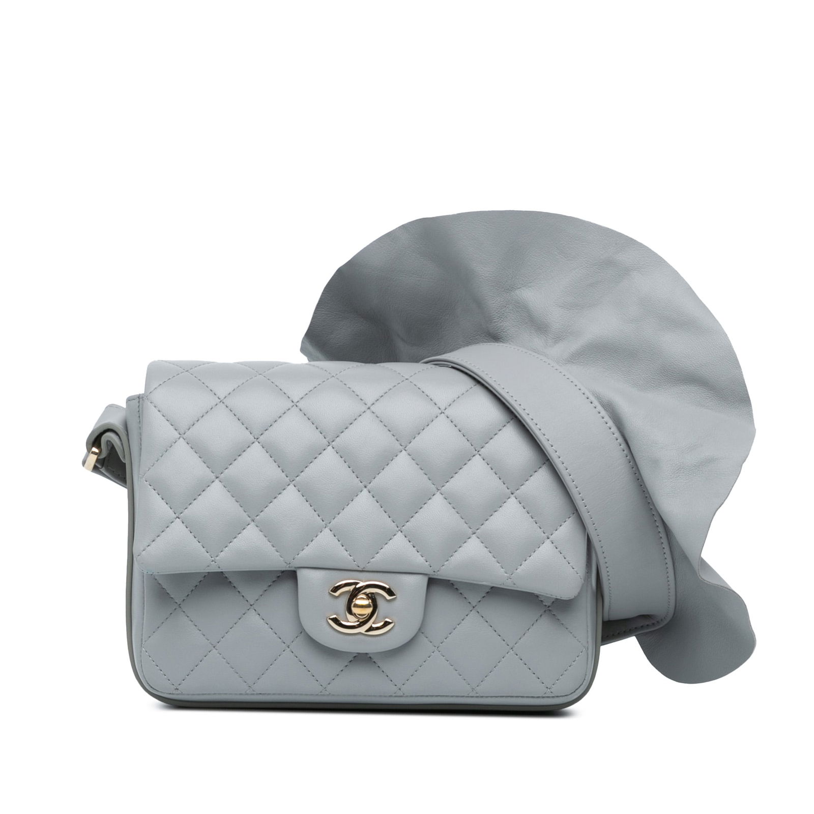 Chanel Quilted Calfskin Bolero Flap Bag in Gray: Chanel Quilted Calfskin Bolero Flap Bag in Gray This Chanel Quilted Calfskin Bolero de Chanel Flap bag showcases sophisticated craftsmanship with its quilted leather exterior in an elegant gray hue. I