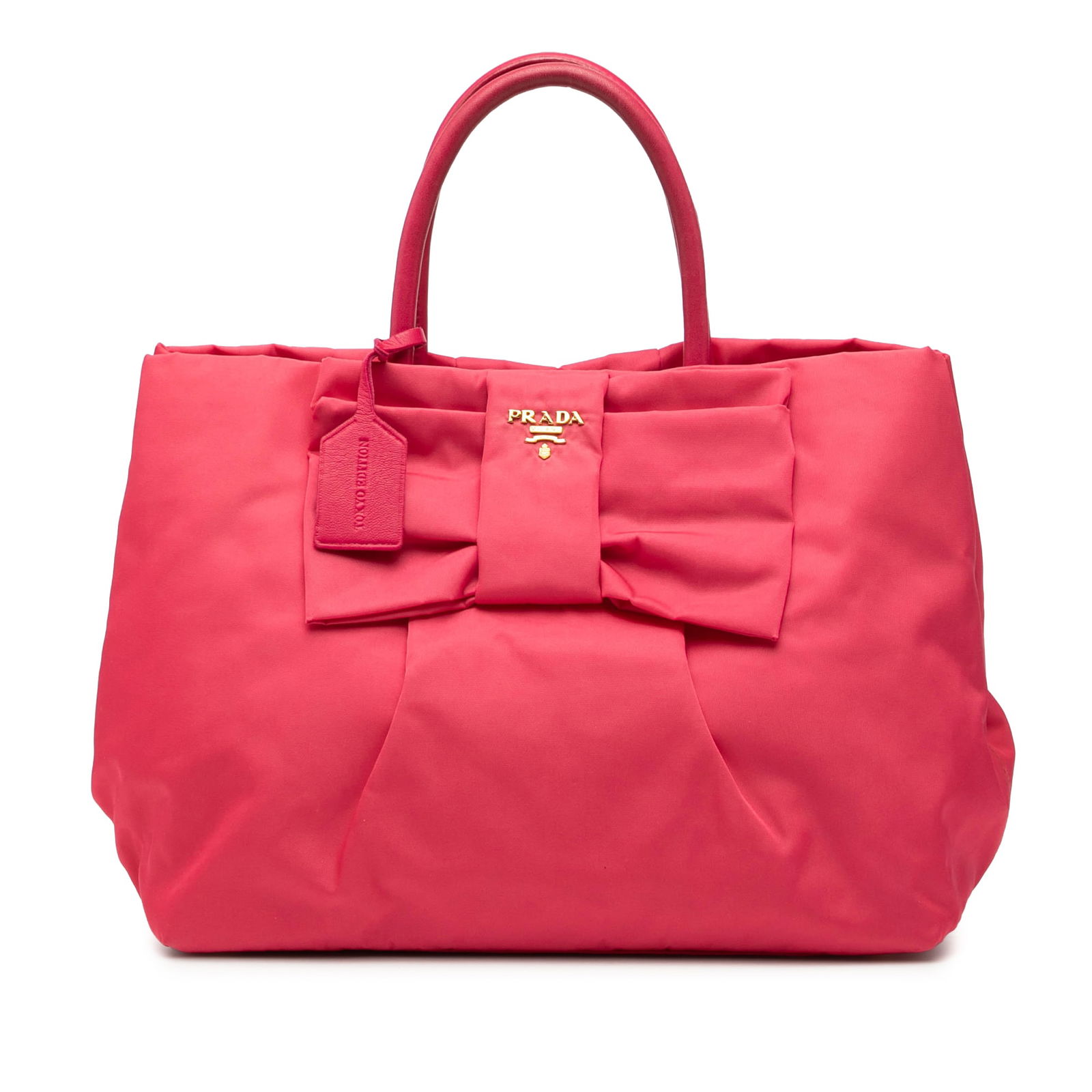 Prada Tessuto Fiocco Pink Nylon Tote with Bow Detail: Prada Tessuto Fiocco Pink Nylon Tote with Bow Detail This Prada Tessuto Fiocco Bow Tote features a pink nylon body accented with a ribbon detail, rolled leather handles, an open top with a magnetic sn