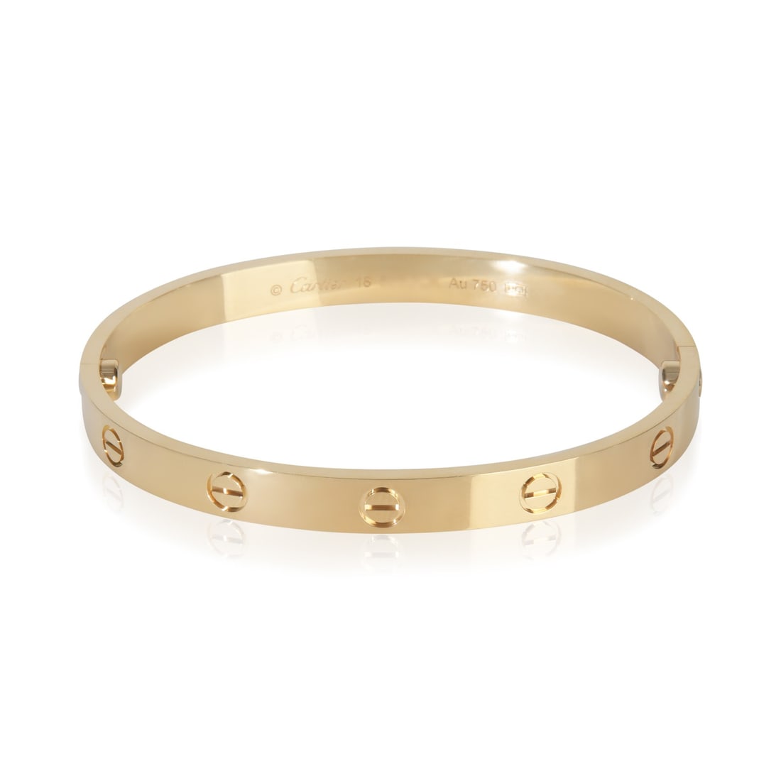 Love Collection 18k Yellow Gold Bracelet with Box and Certificate by Cartier: Love Collection 18k Yellow Gold Bracelet with Box and Certificate by Cartier This Cartier Love Bracelet is crafted from 18k yellow gold, featuring a screw clasp and a gross weight of 33.99 grams. Desi